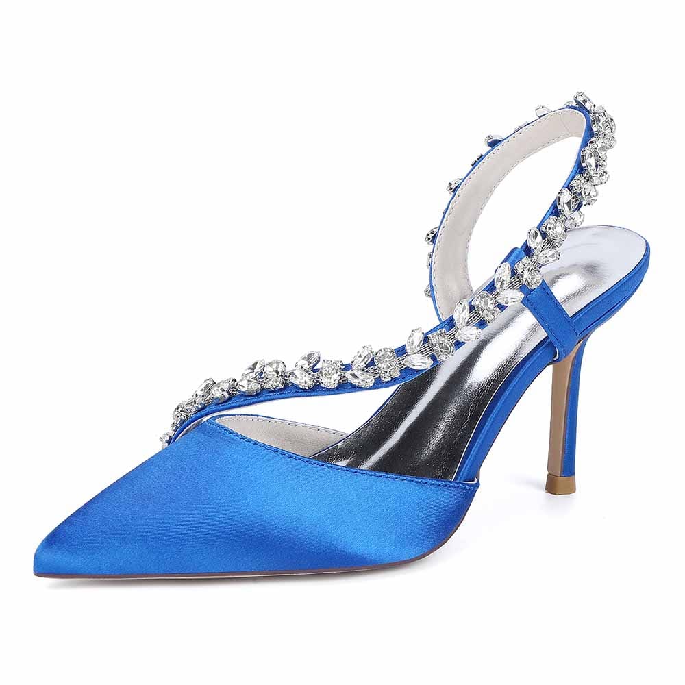 Elegant blue crystal strap bridal heels with sparkling embellishments and a sleek pointed toe design
