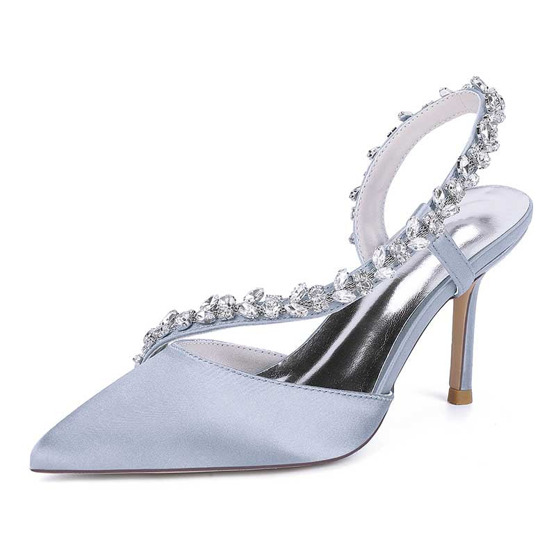 Elegant crystal strap bridal heels in light blue satin with a pointed toe design