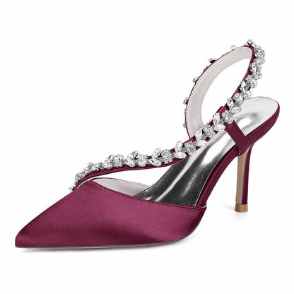 S&DCo. burgundy crystal strap bridal heels with elegant pointed toe and stylish slingback design