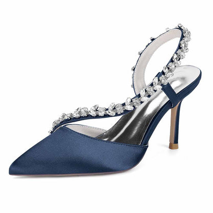 S&DCo. Crystal Strap Bridal Heels in Navy with Elegant Straps and Sleek Pointed Toe Design
