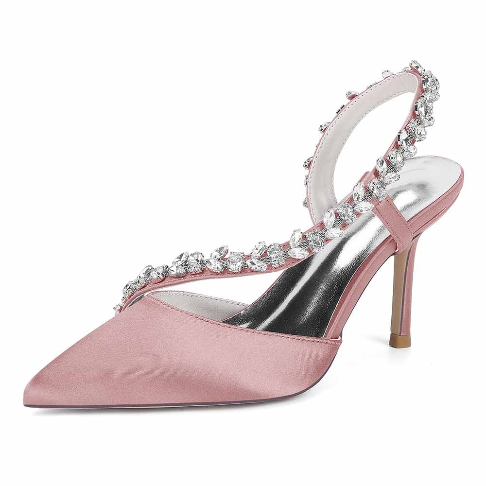 Elegant pink crystal strap bridal heels with pointed toes and a fashionable design