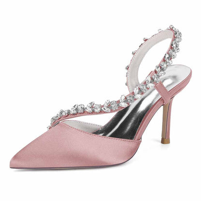 Elegant pink crystal strap bridal heels with pointed toes and a fashionable design