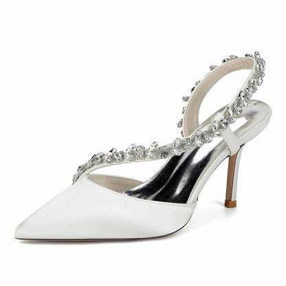Elegant white crystal strap bridal heels with pointed toe and slim high heel from S&DCo.