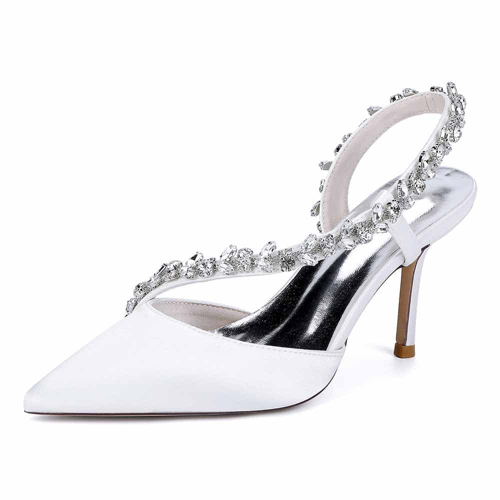 Elegant white crystal strap bridal heels with pointed toe and a stylish slingback design