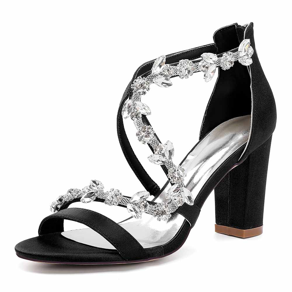 Elegant black crystal strappy wedding heels featuring shimmering embellishments and a stylish block heel