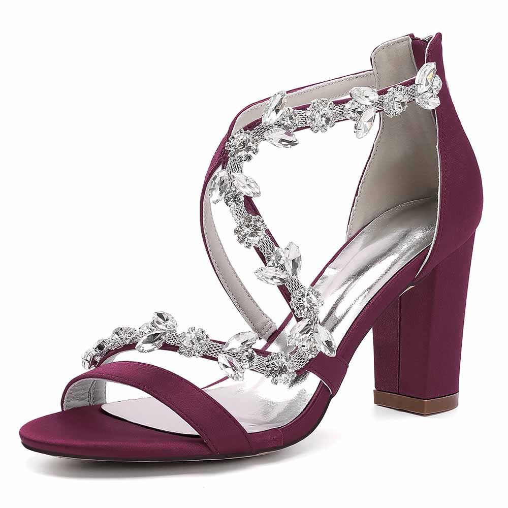 Elegant crystal strappy wedding heels in burgundy with sparkling embellishments and a comfortable heel