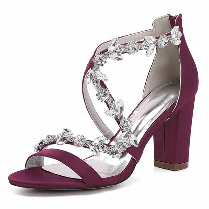 Elegant crystal strappy wedding heels in burgundy with sparkling embellishments and a comfortable heel
