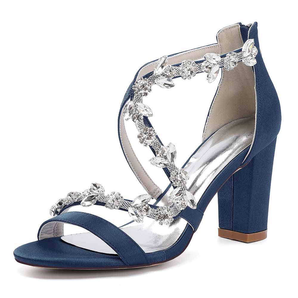 Navy Blue Crystal Strappy Wedding Heels with Elegant Floral Accents and Chunky Heel Design