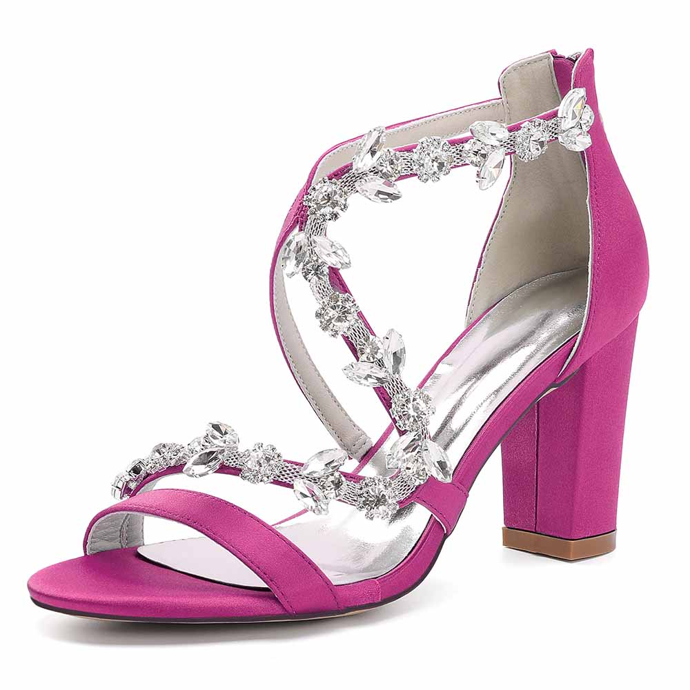 Pink Crystal Strappy Wedding Heels with Elegant Floral Detailing and Chunky Heel