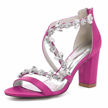Pink Crystal Strappy Wedding Heels with Elegant Floral Detailing and Chunky Heel