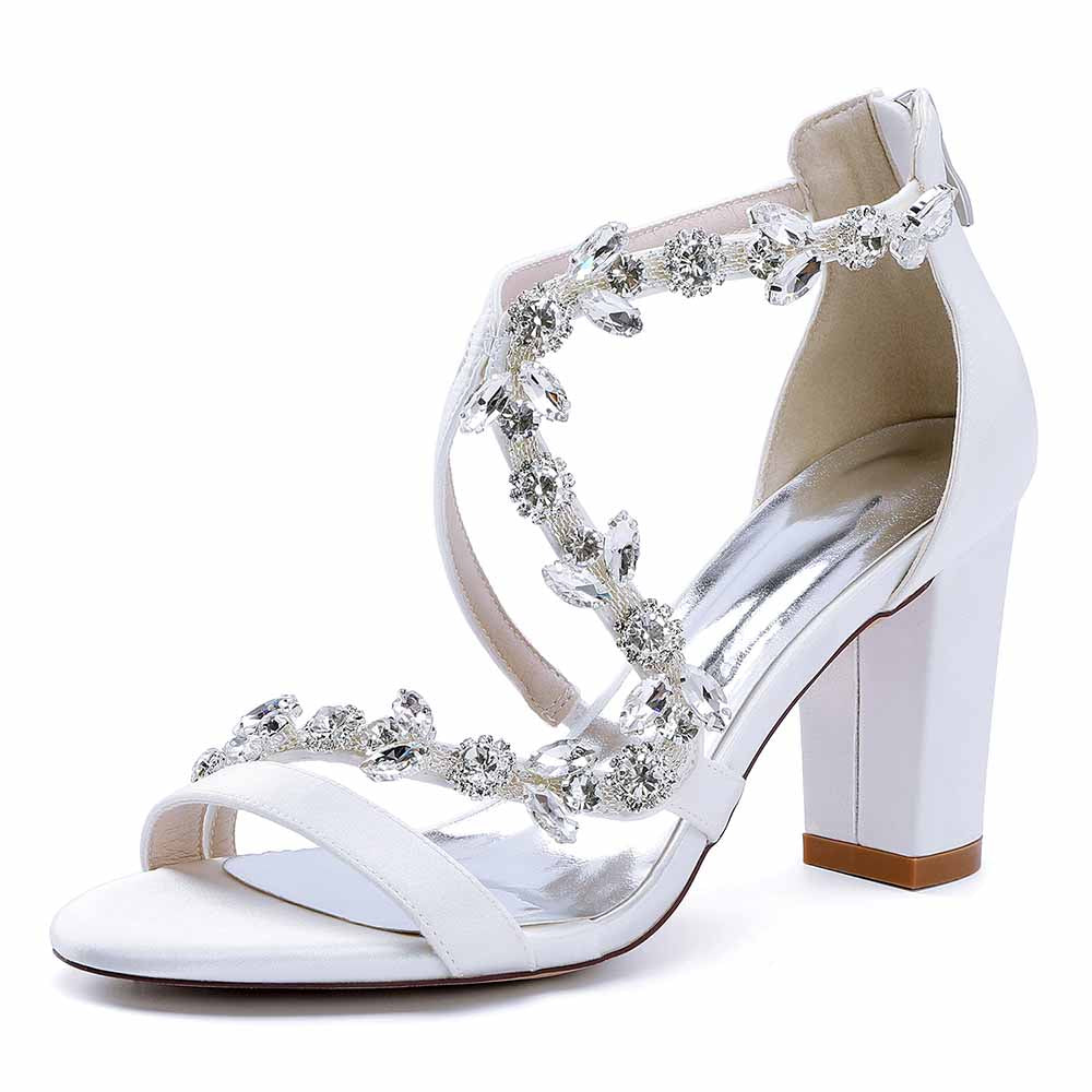 Elegant crystal strappy wedding heels with embellishments and block heel for bridal occasions
