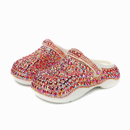 Womens Closed Toe Clog Shoes Rhinestone Beaded Slip on Mules Multi Red