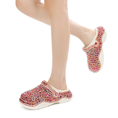 Womens Closed Toe Clog Shoes Rhinestone Beaded Slip on Mules Multi Red