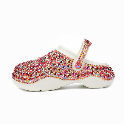 Womens Closed Toe Clog Shoes Rhinestone Beaded Slip on Mules Multi Red