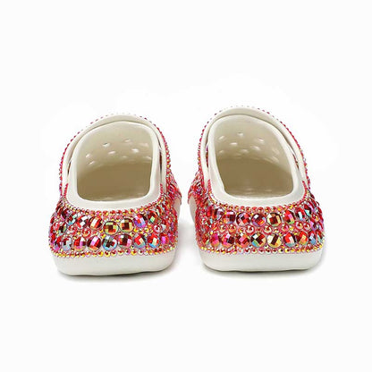 Womens Closed Toe Clog Shoes Rhinestone Beaded Slip on Mules Multi Red