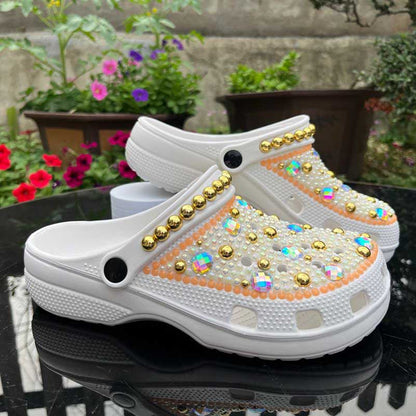 Rhinestone Pearls Wedding Sneakers Round Toe Clog Shoes Slip On Mules