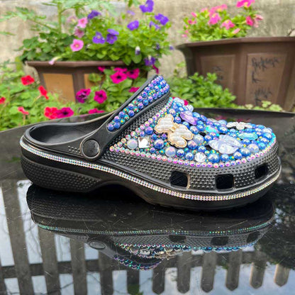 Rhinestone Pearls Sneakers Round Toe Clog Shoes Slip On Mules Black