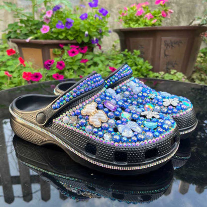 Rhinestone Pearls Sneakers Round Toe Clog Shoes Slip On Mules Black