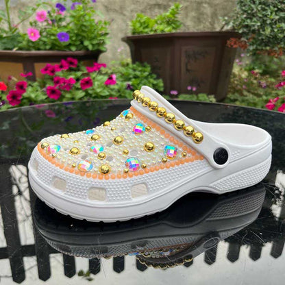 Rhinestone Pearls Wedding Sneakers Round Toe Clog Shoes Slip On Mules