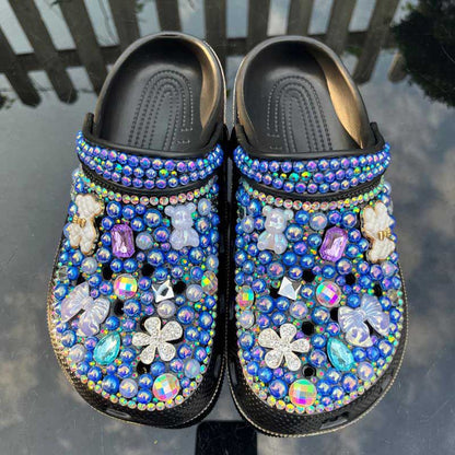 Rhinestone Pearls Sneakers Round Toe Clog Shoes Slip On Mules Black