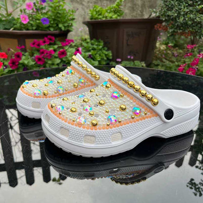 Rhinestone Pearls Wedding Sneakers Round Toe Clog Shoes Slip On Mules