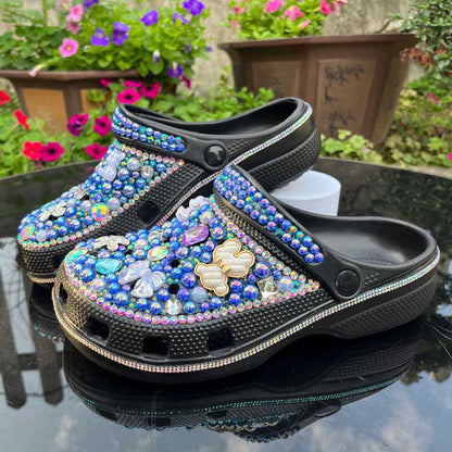 Rhinestone Pearls Sneakers Round Toe Clog Shoes Slip On Mules Black