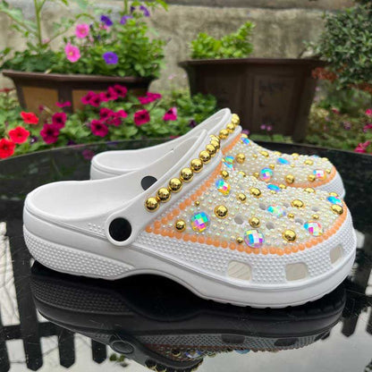 Rhinestone Pearls Wedding Sneakers Round Toe Clog Shoes Slip On Mules