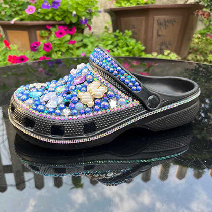 Rhinestone Pearls Sneakers Round Toe Clog Shoes Slip On Mules Black