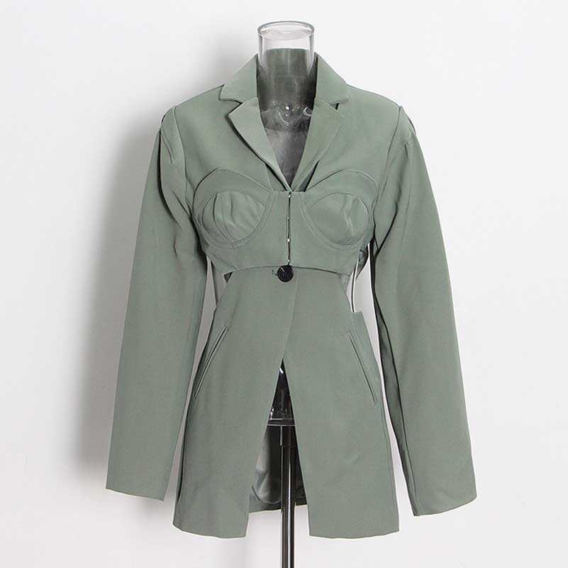 Women's One Button Blazer Cut Out Sides Mid-Length Coat