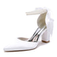 Chunky Wedding Shoes Pointed Toe Pearls Tie-Up Bridal Block Heels