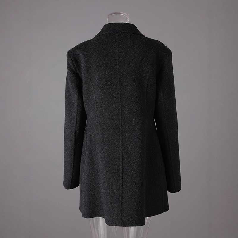 Back view of a double belted wool coat black, stylish and warm for cold weather outings