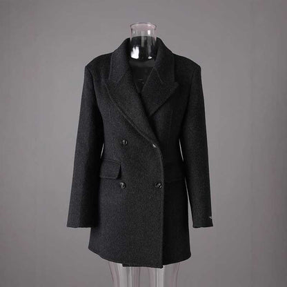 Elegant double belted wool coat black with a stylish double-breasted design and shoulder padding