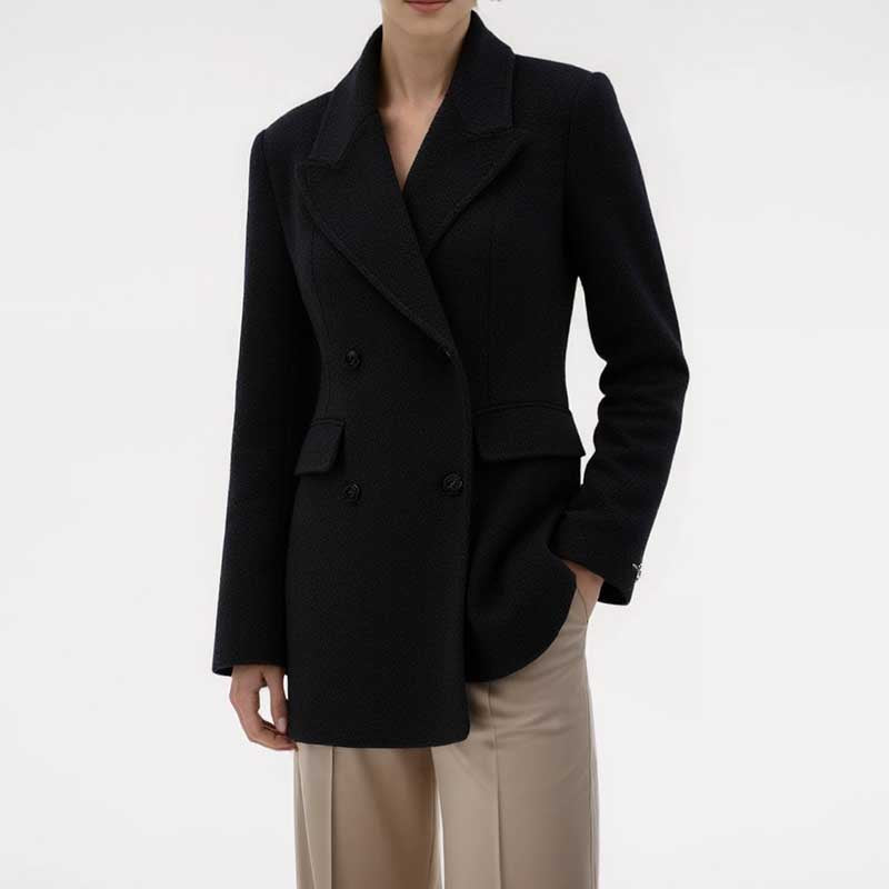 Elegant double belted wool coat black with a tailored fit and stylish double-breasted design