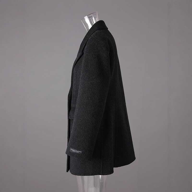 Double belted wool coat black with a stylish silhouette, perfect for chilly weather