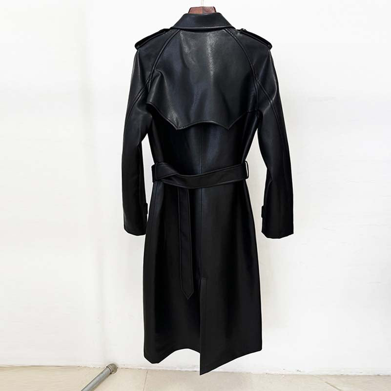 Back view of a stylish double breasted faux leather trench coat with a belted waist and sleek design