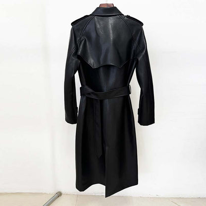 Back view of a stylish double breasted faux leather trench coat with a belted waist and sleek design