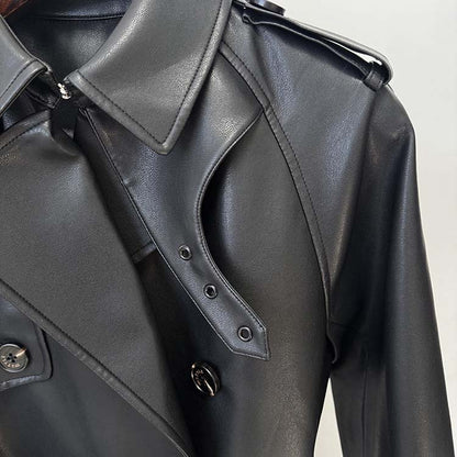 Stylish double breasted faux leather trench coat with a sleek collar and modern design