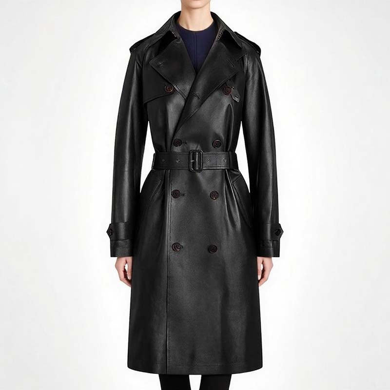 Stylish double breasted faux leather trench coat with belt and shoulder epaulets for a chic look