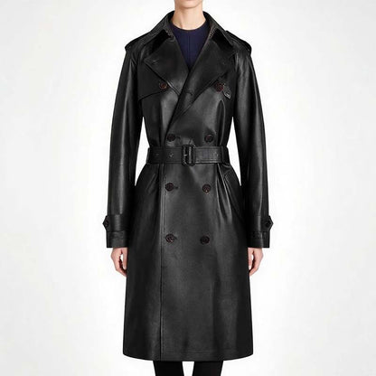 Stylish double breasted faux leather trench coat with belt and shoulder epaulets for a chic look