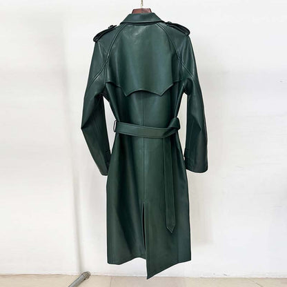 Back view of a green double breasted faux leather trench coat with a belted waist and stylish design