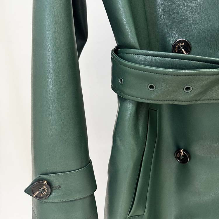 Stylish green double breasted faux leather trench coat with belted waist and button details