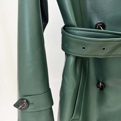 Stylish green double breasted faux leather trench coat with belted waist and button details
