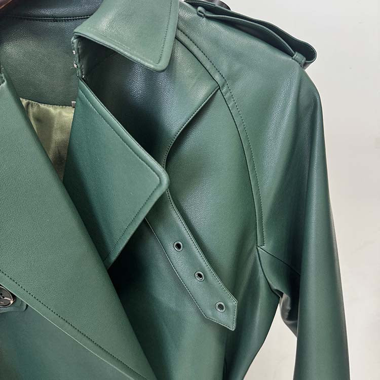 Stylish green double breasted faux leather trench coat with unique collar design and button details