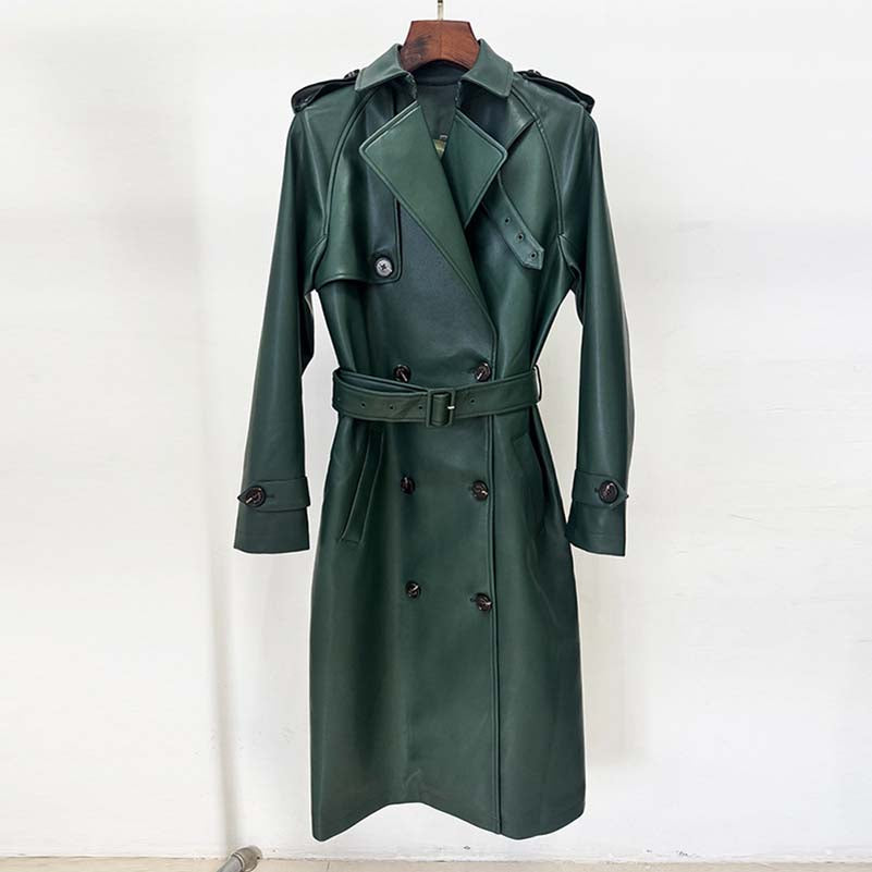 Double breasted faux leather trench coat in green with belted waist and stylish design