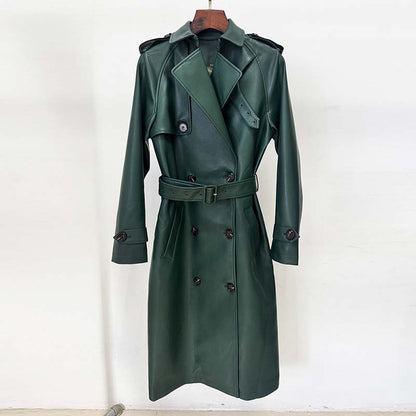 Double breasted faux leather trench coat in green with belted waist and stylish design