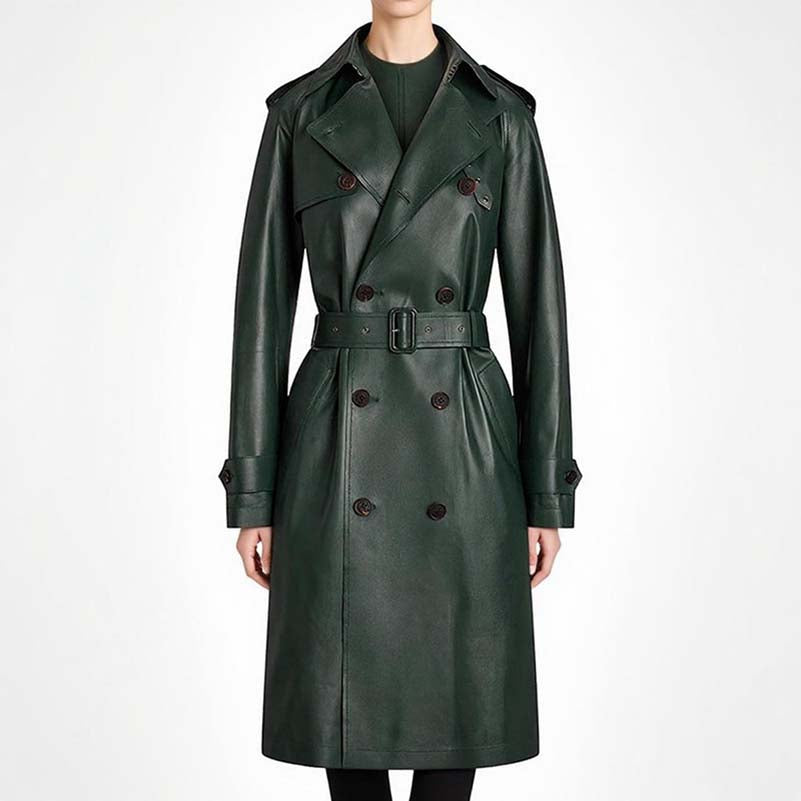 Double breasted faux leather trench coat in dark green with a stylish belt and classic design