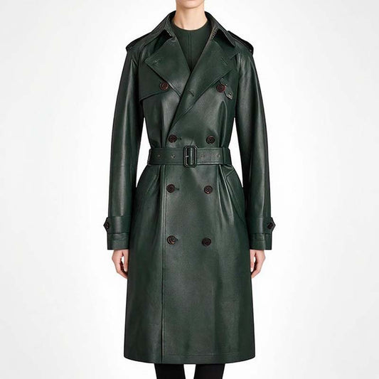 Double breasted faux leather trench coat in dark green with a stylish belt and classic design