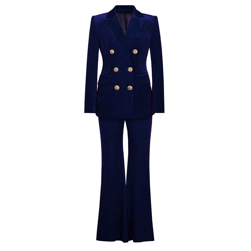 Double breasted velvet pantsuit by SD Dresscode & Fashiontrends in elegant navy color for stylish occasions.