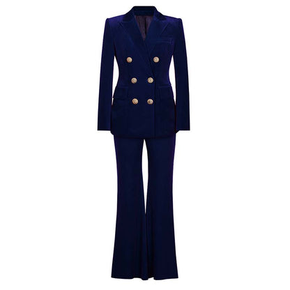 Double breasted velvet pantsuit by SD Dresscode & Fashiontrends in elegant navy color for stylish occasions.