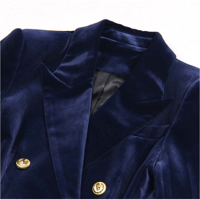 Navy blue double breasted velvet pantsuit with gold-button details for elegant style